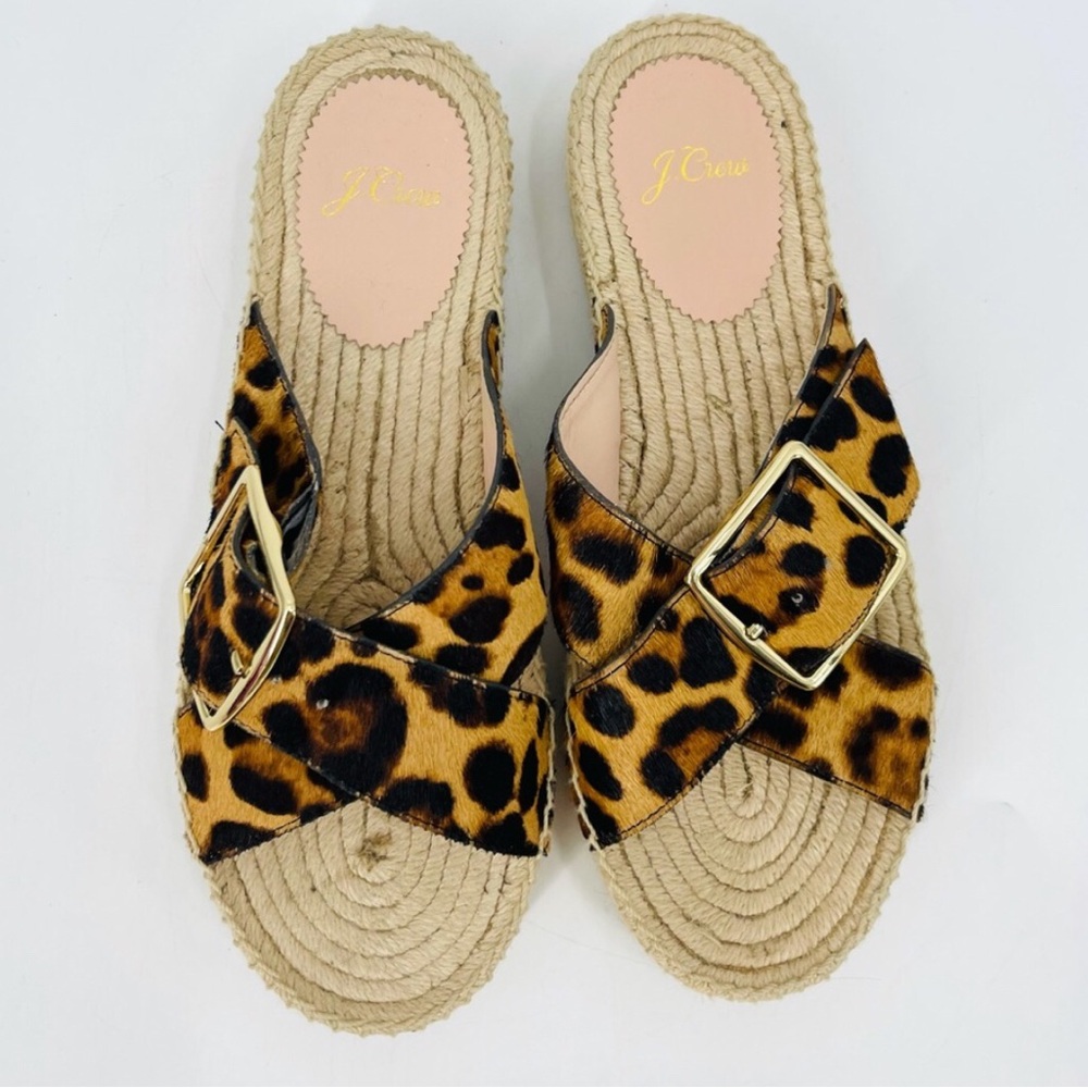 J. Crew Calf Hair Leopard Print Espadrille Slides Size 10